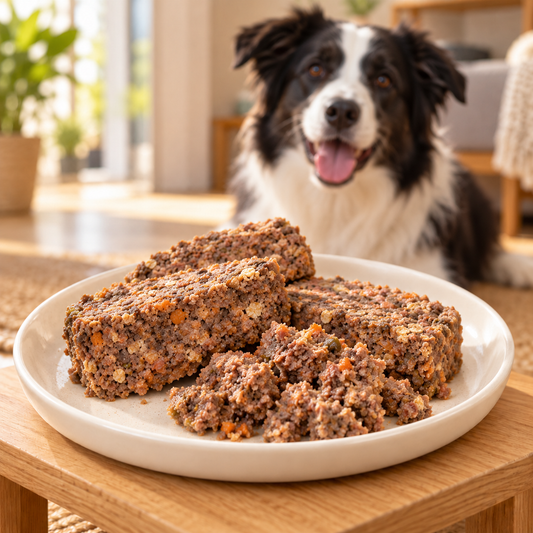 Beef & Chicken Cooked Loaf plated serving suggestion with a dog — AI-styled image
