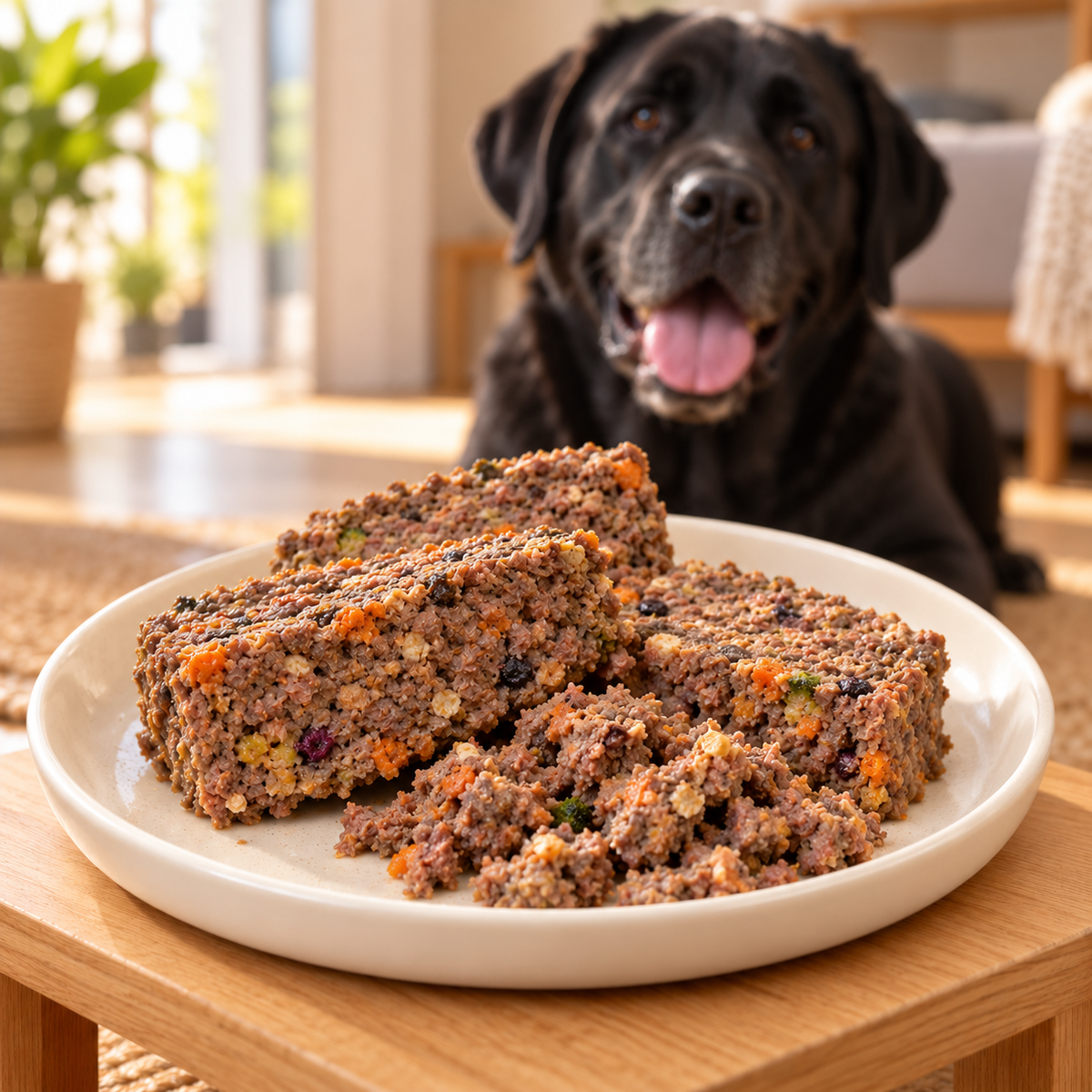 Majestik Premium Beef Cooked Loaf plated serving suggestion with a dog — AI-styled image