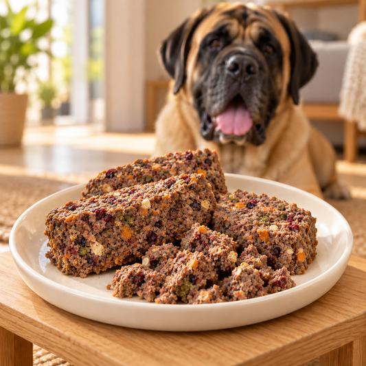 Majestik Premium Beef & Lamb Cooked Loaf plated serving suggestion with a dog — AI-styled image