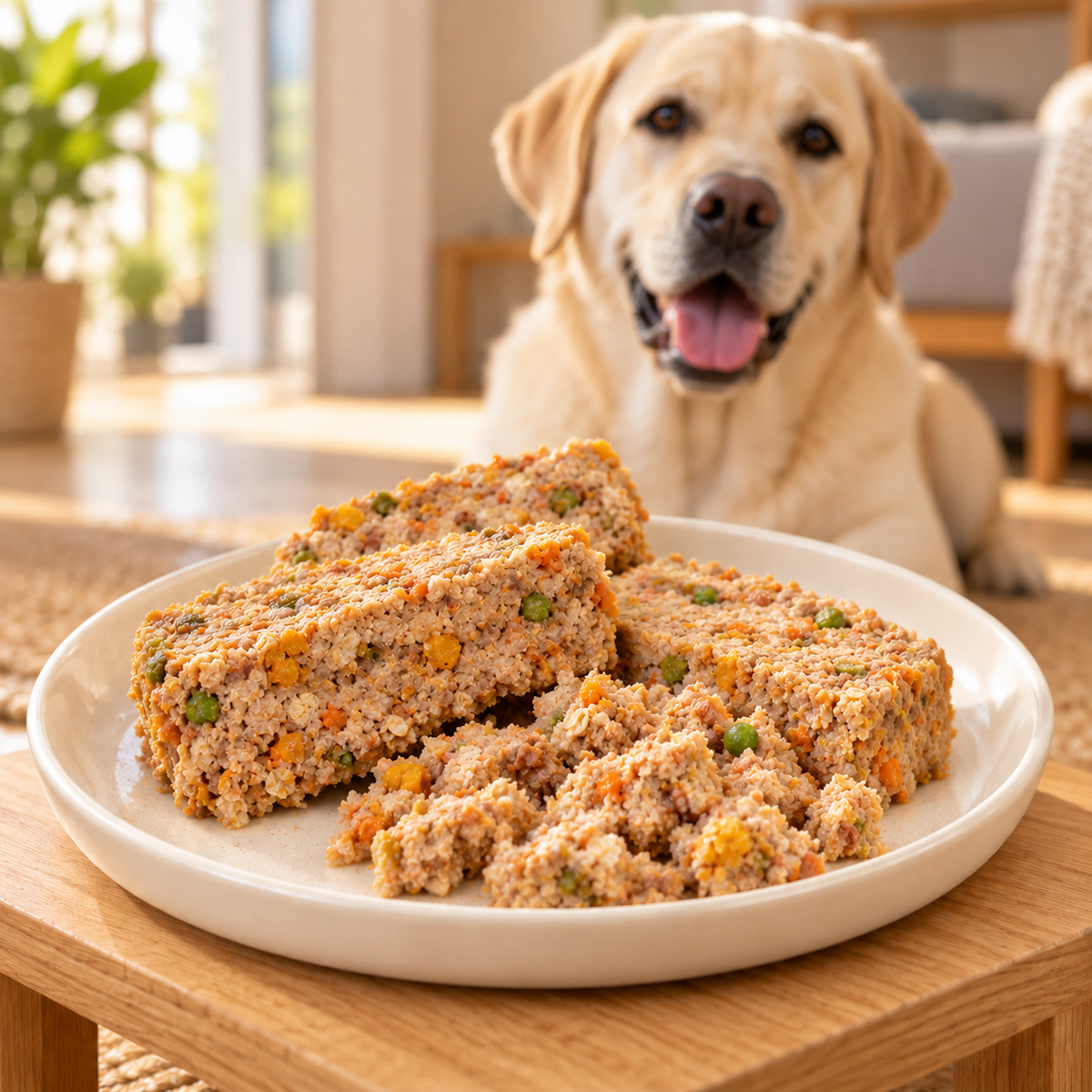 Chicken Cooked Loaf plated serving suggestion with a dog — AI-styled image