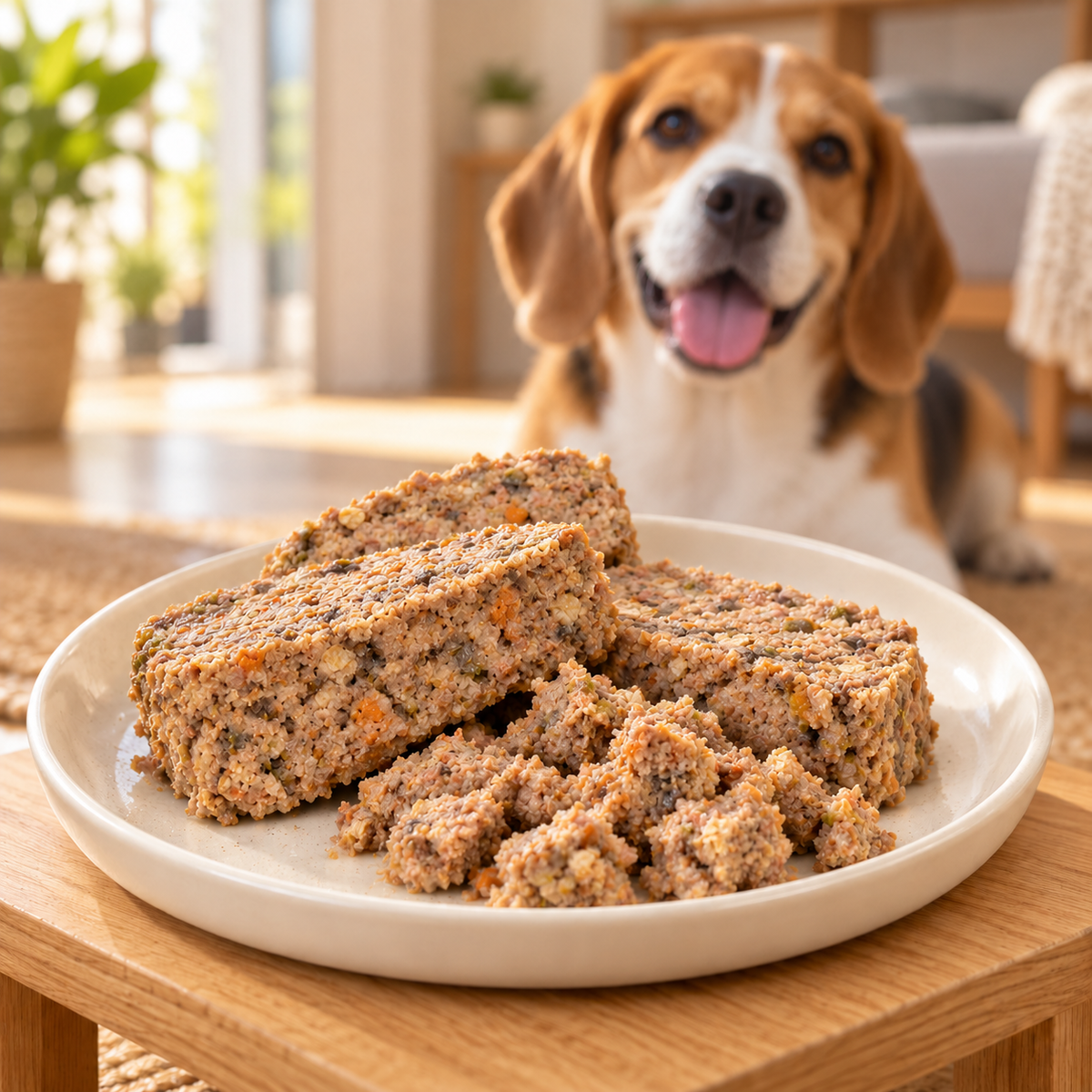 Chicken & Sardine Cooked Loaf plated serving suggestion with a dog — AI-styled image