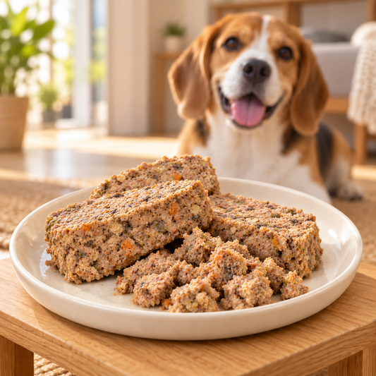 Chicken & Sardine Cooked Loaf plated serving suggestion with a dog — AI-styled image