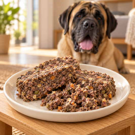 Multi Mix Pro Cooked Loaf plated serving suggestion with an English Mastiff — AI-styled image