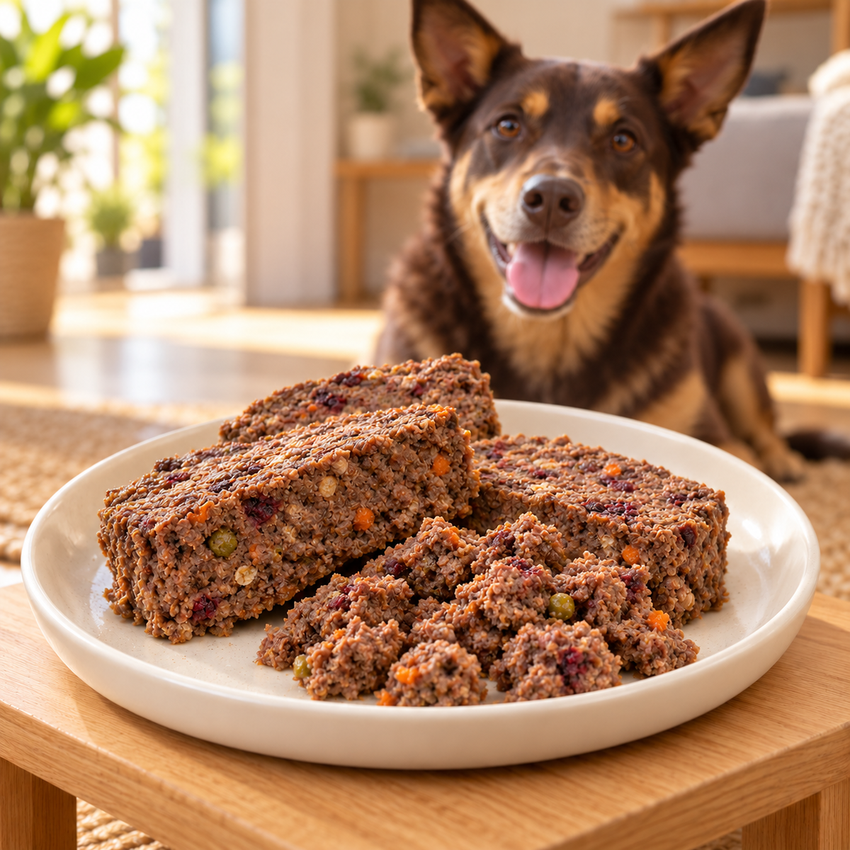 Majestik Premium Roo Cooked Loaf plated serving suggestion with a dog — AI-styled image
