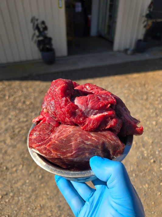 Majestik SuperTrim Beef Chunks in a stainless steel bowl