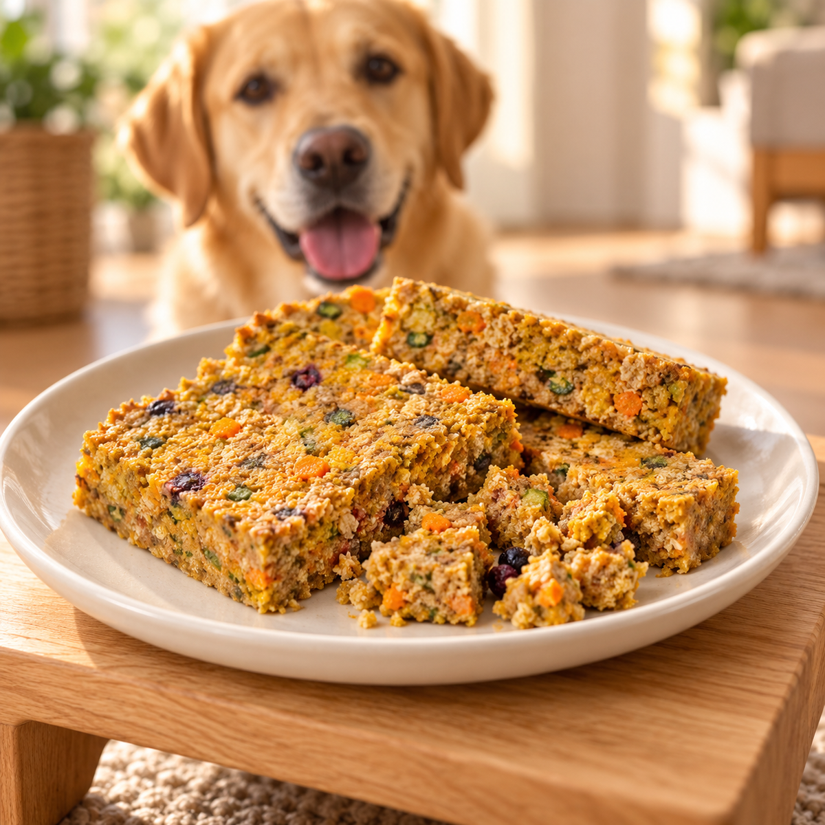 Turkey & Lamb Cooked Loaf plated serving suggestion with a dog — AI-styled image